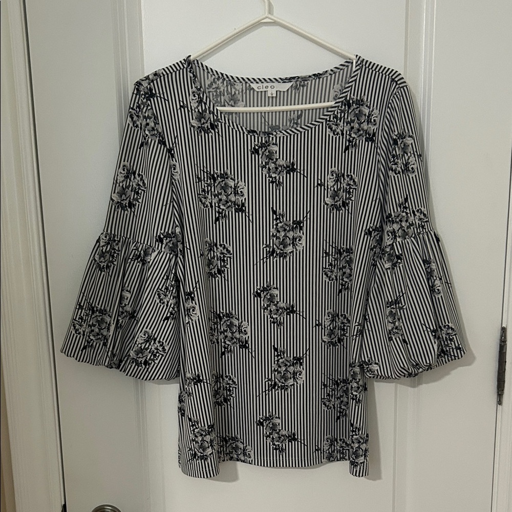 Cleo Black and White Floral Stripe Blouse